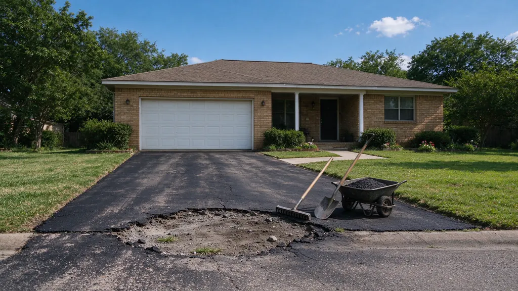 Asphalt driveway with one crumbling area near the street