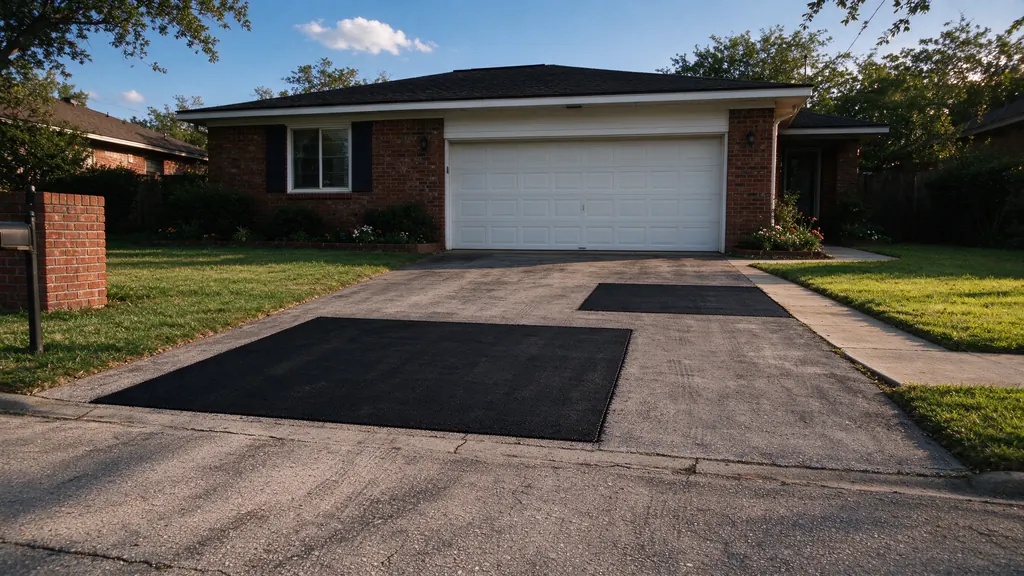 Asphalt driveway with two rectangular patches
