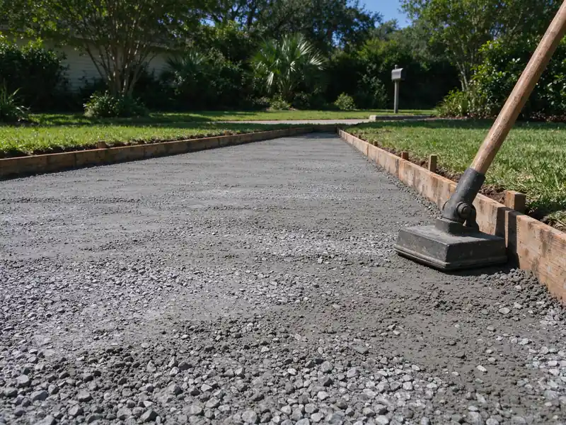 Base and forms ready for a concrete driveway