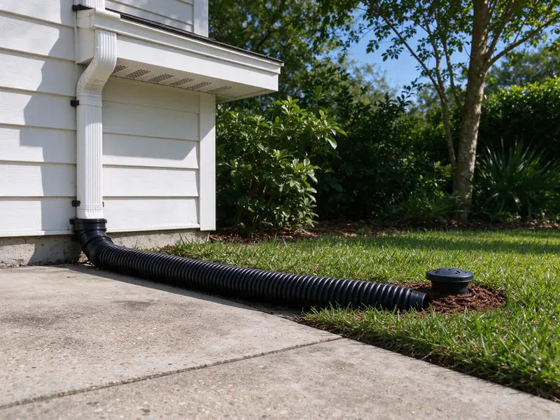 Black corrugated downspout extension pipe running from a house corner downspout along the edge of a driveway to a small round pop-up emitter in the lawn