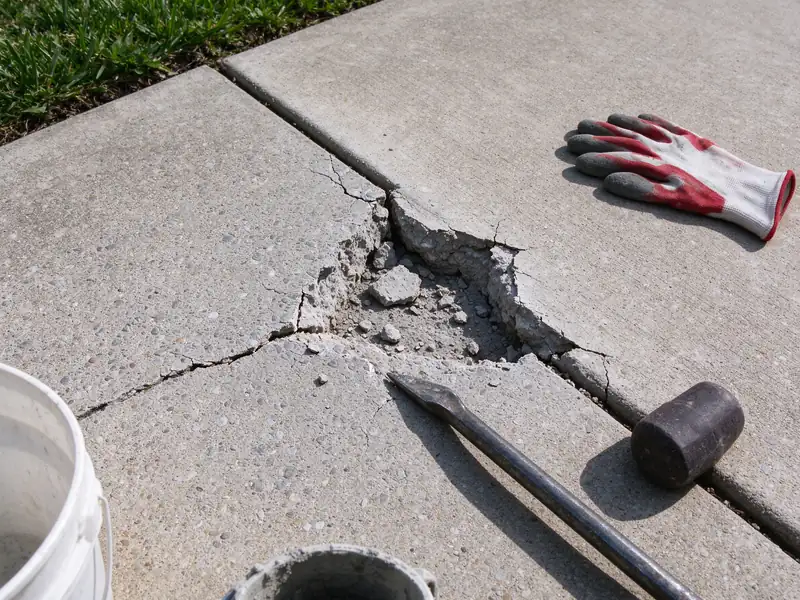 Broken concrete driveway corner exposing aggregate