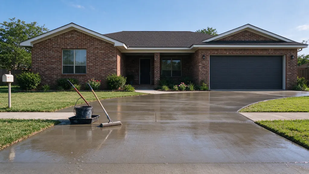 Broom-finished concrete driveway in front of a one-story brick ranch house