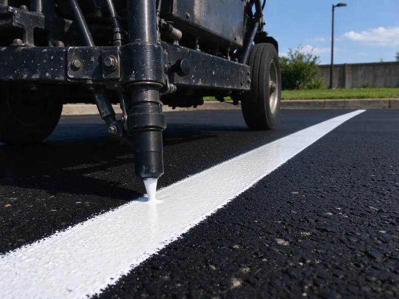 Close view of a line-striping machine paint nozzle laying a straight white line on black sealcoated asphalt