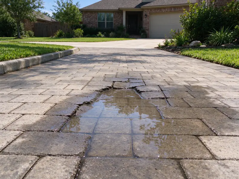 Close view of a paver driveway with a shallow dip along one wheel path