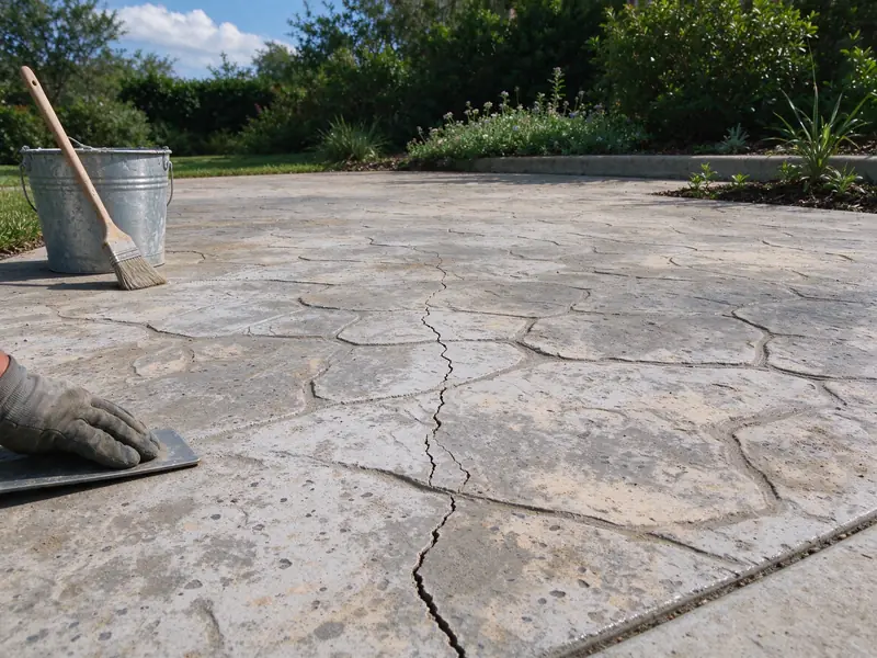 Close view of a stamped concrete driveway surface with faded