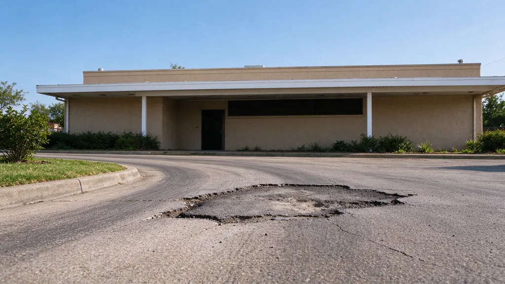 Commercial entrance drive with a worn wheel path