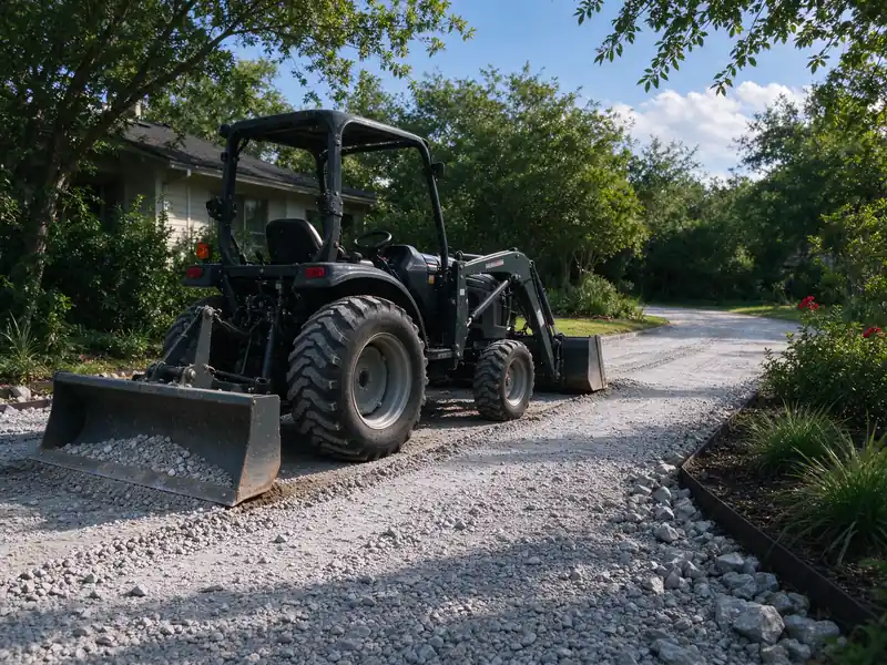 Compact tractor regrading a gravel driveway