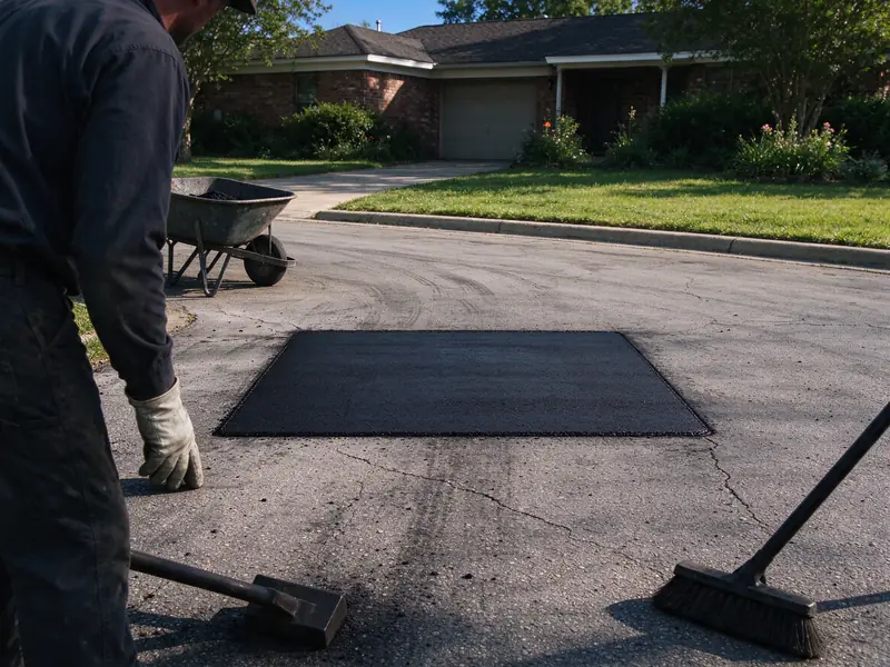 Compacted asphalt patch with a visible seam