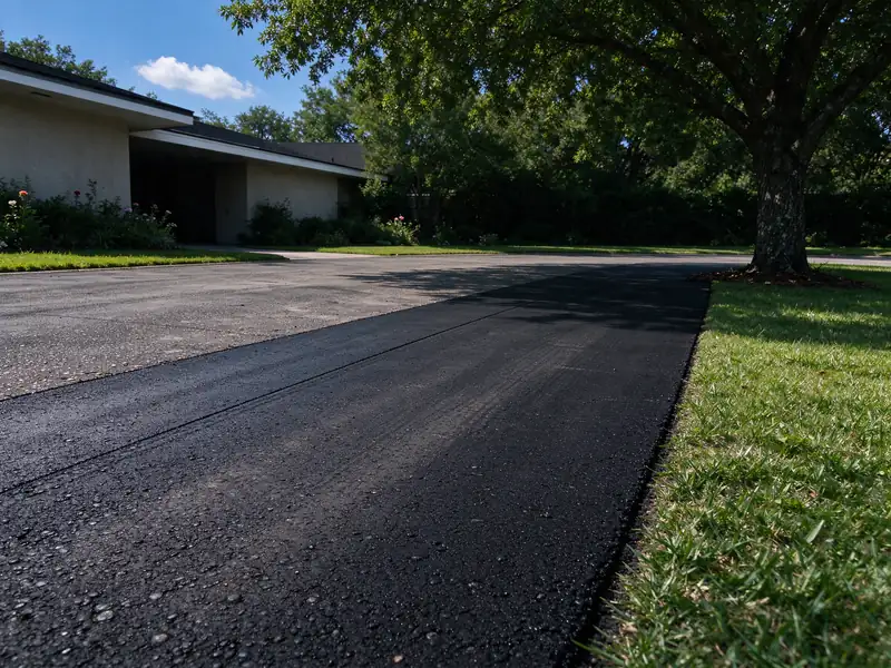 Completed asphalt driveway extension with the new darker asphalt joined to the older gray asphalt along a straight cut seam