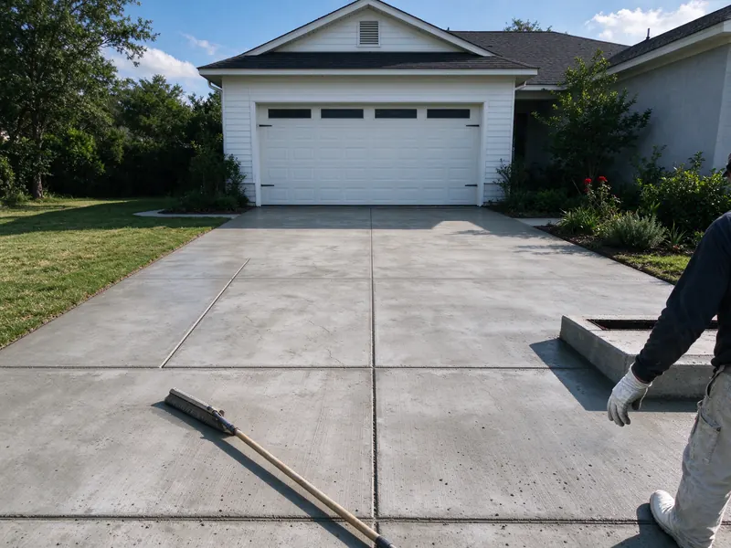 Completed broom-finished concrete driveway