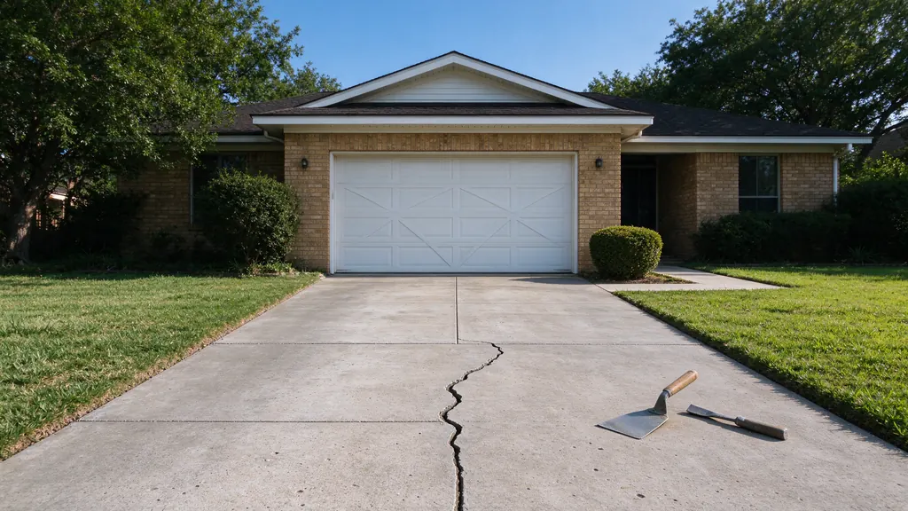 Concrete driveway panel with one irregular crack, distinct from its straight joints