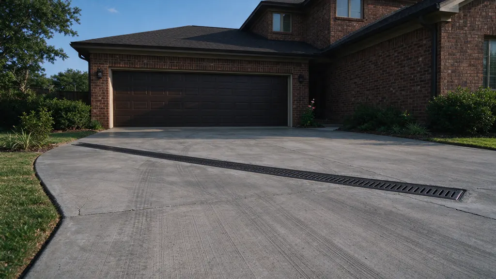 Concrete driveway sloping gently down toward a front-facing two-car garage of a two-story brick house