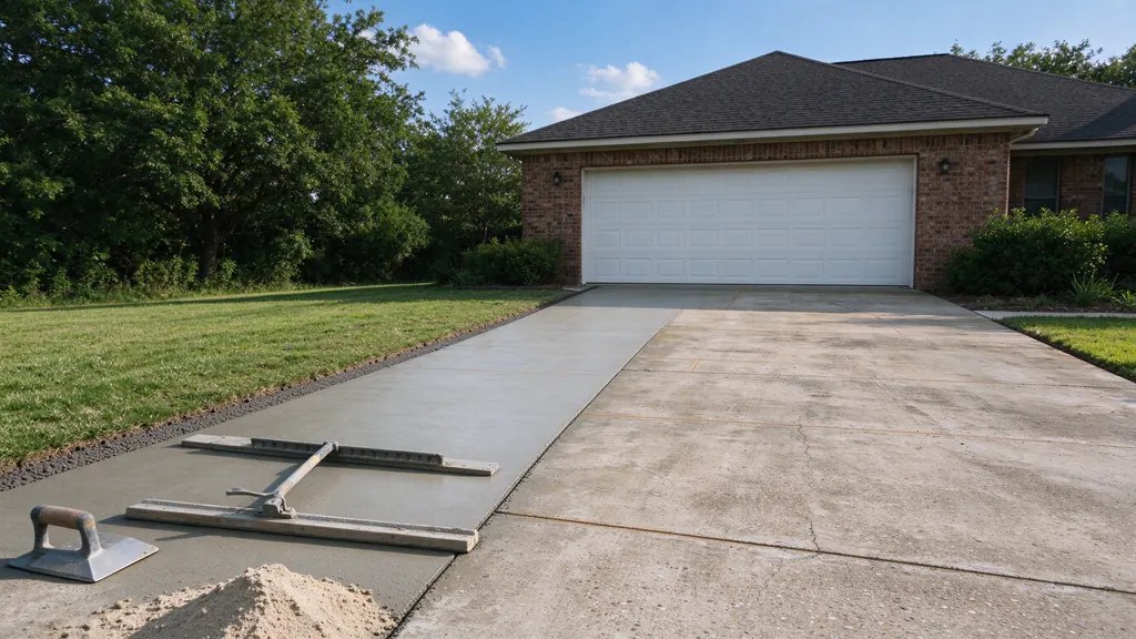 Concrete driveway widened along one side in front of a two-car garage of a one-story suburban brick house