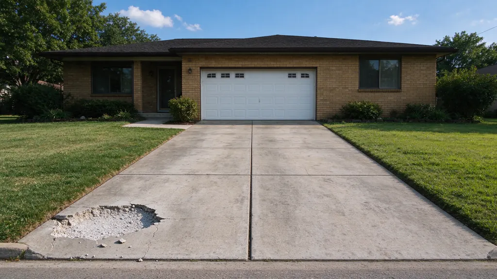 Concrete driveway with one broken panel corner in front of a Houston brick house