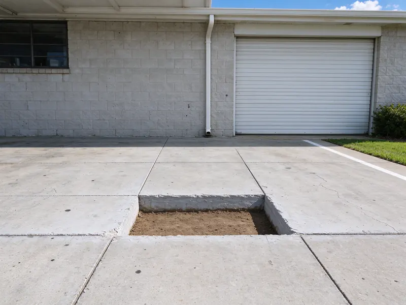 Concrete dumpster pad behind a commercial building with one broken panel removed and the others intact