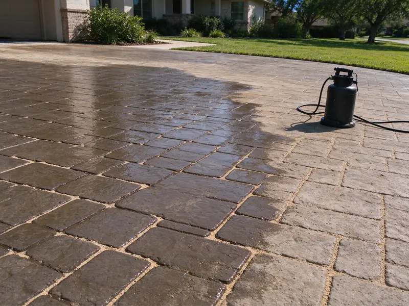Concrete paver driveway being sealed: one half wet and glossy with fresh sealer