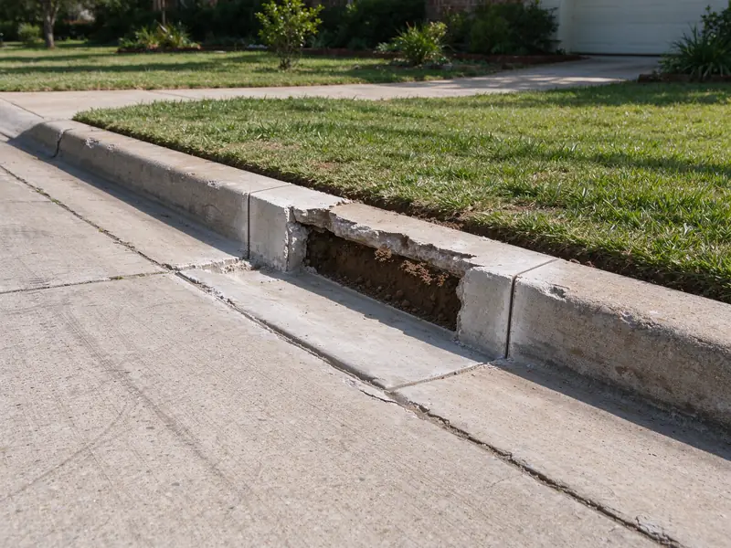 Curb section saw cut and removed for a new driveway entrance