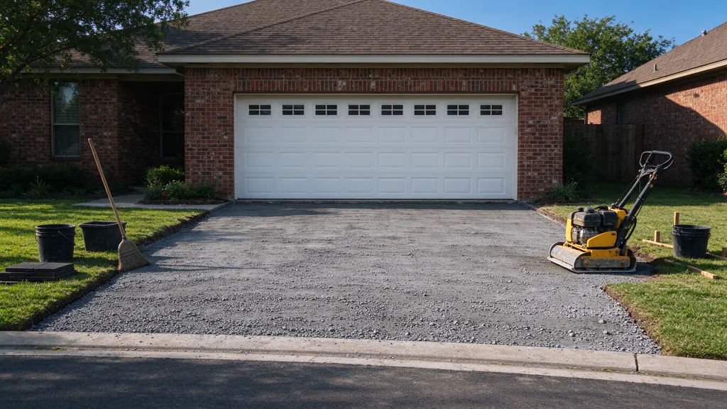 Driveway area stripped to compacted base for new asphalt