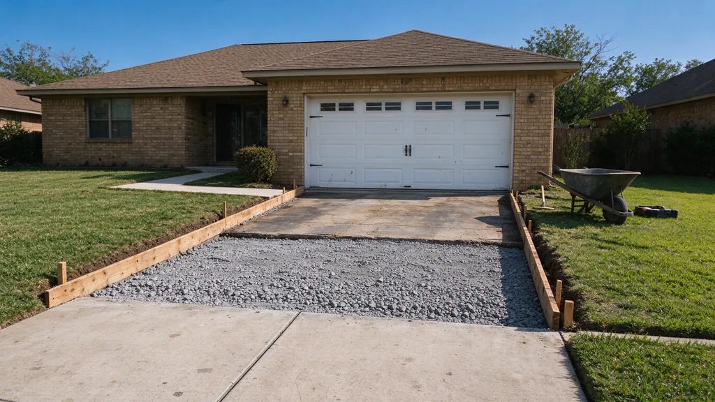 Driveway replacement area with base and forms in front of a Houston house