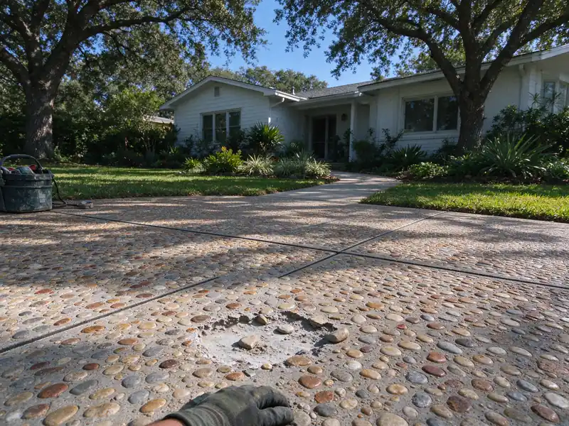 Exposed-aggregate concrete driveway surface with rounded river pebbles showing evenly