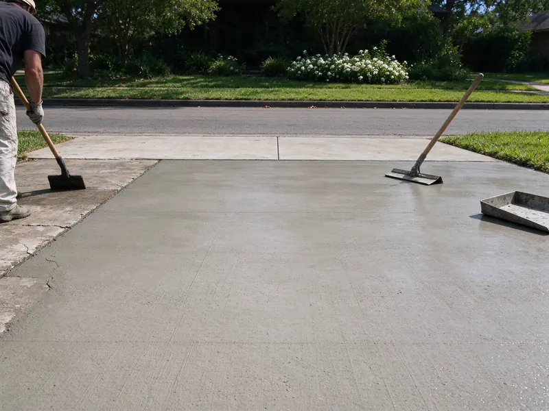 Finished concrete apron flush with the sidewalk and gutter