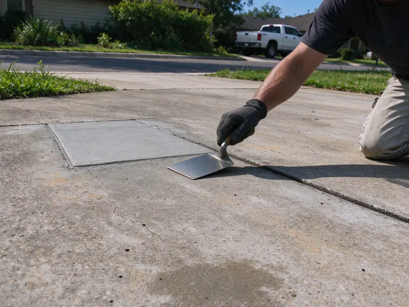 Finished concrete patch slightly lighter than the old driveway