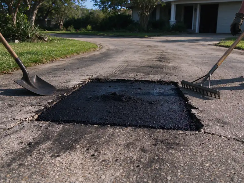Fresh asphalt placed in a driveway patch before compaction