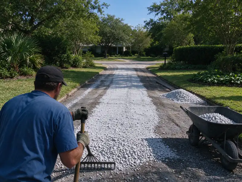 Fresh crushed stone spread on a driveway track