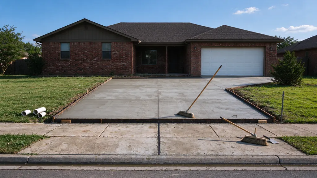 Freshly finished concrete driveway approach crossing a public sidewalk to a concrete curb-and-gutter street in front of a one-story brick ranch house