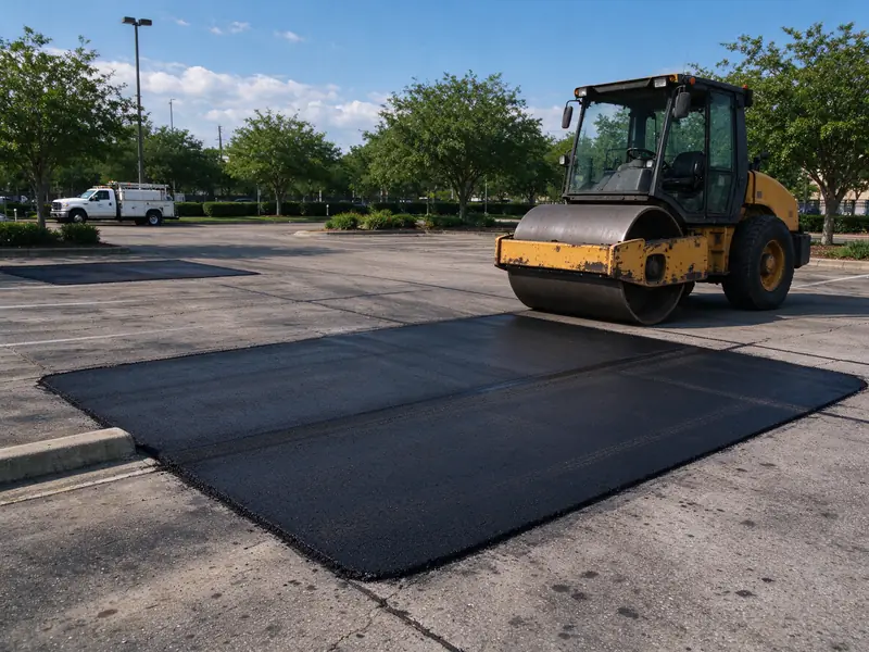 Freshly placed full-depth asphalt patch in a parking lot