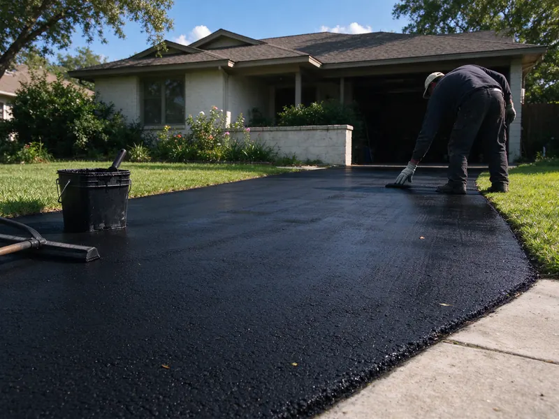 Freshly sealcoated asphalt driveway