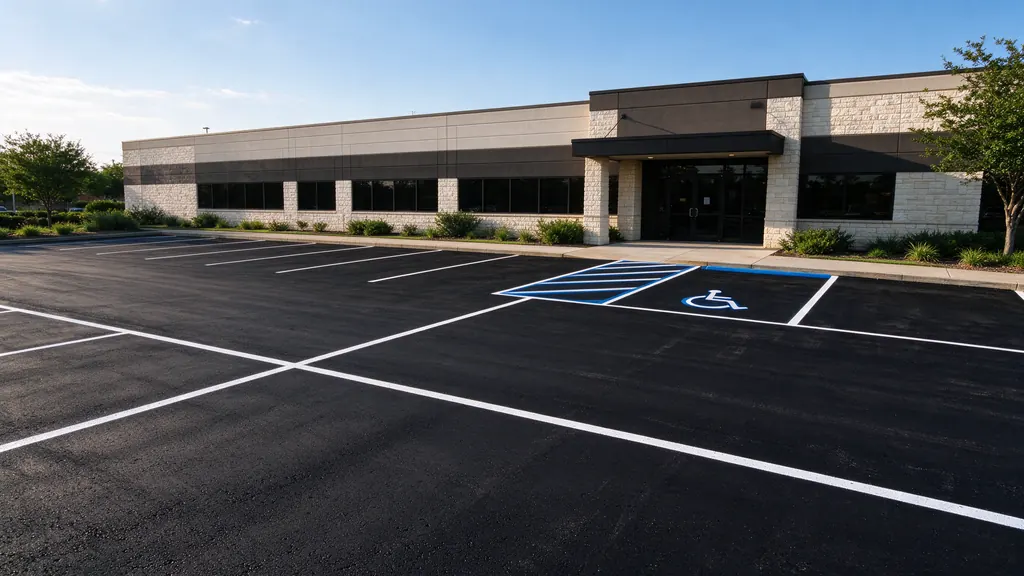 Freshly sealcoated black asphalt parking lot with crisp new white stall lines in front of a one-story office building