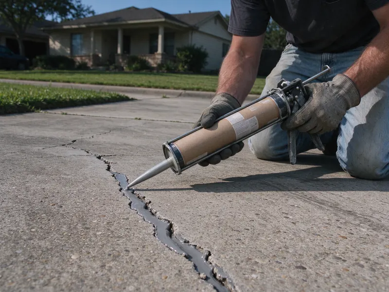 Gloved hands filling a concrete driveway crack with sealant