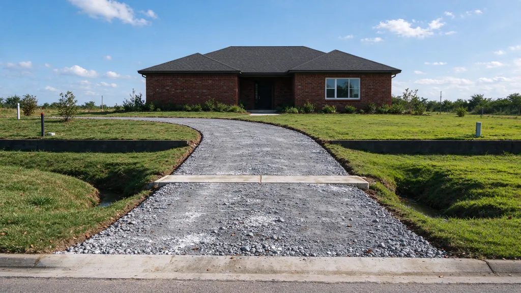 Gravel driveway entrance beside a roadside ditch in the Spring area