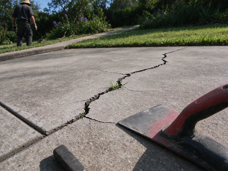 Irregular crack in a concrete driveway panel