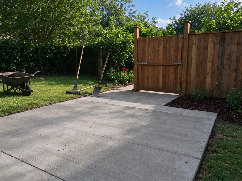 Long concrete parking pad beside a driveway leading to a side yard with a closed tall wooden fence gate