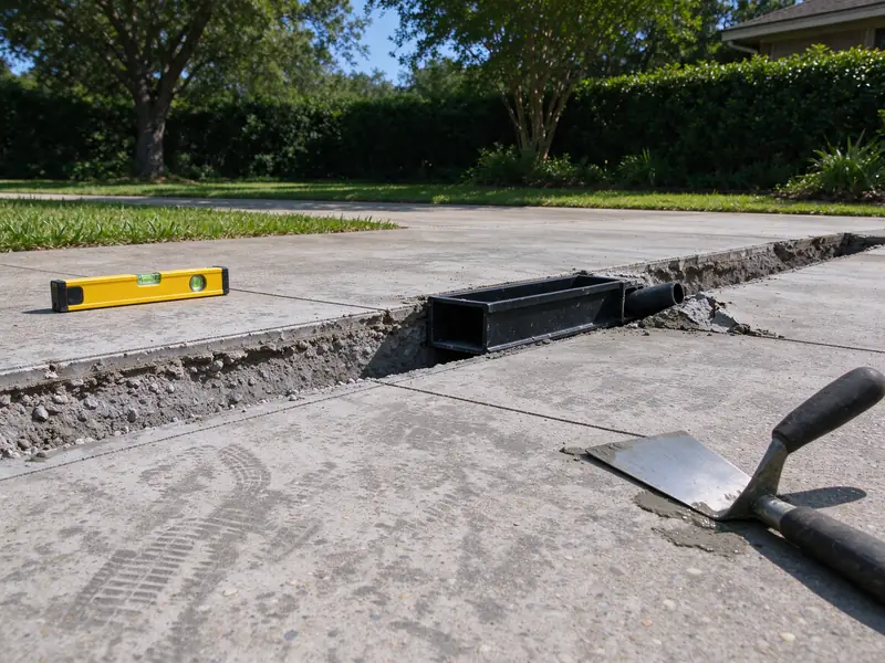 Narrow trench cut across a concrete driveway with a plastic channel drain section and an outlet pipe being set in