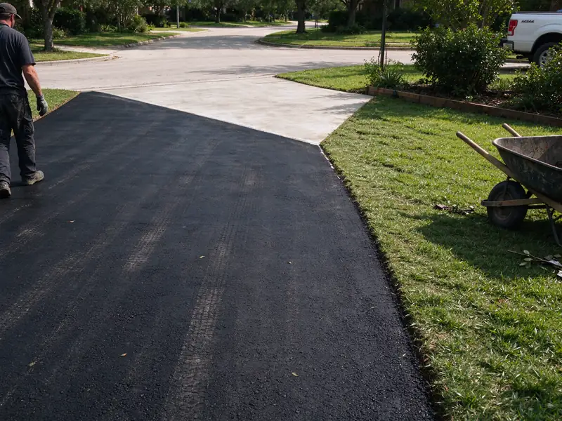 New asphalt driveway meeting a concrete apron
