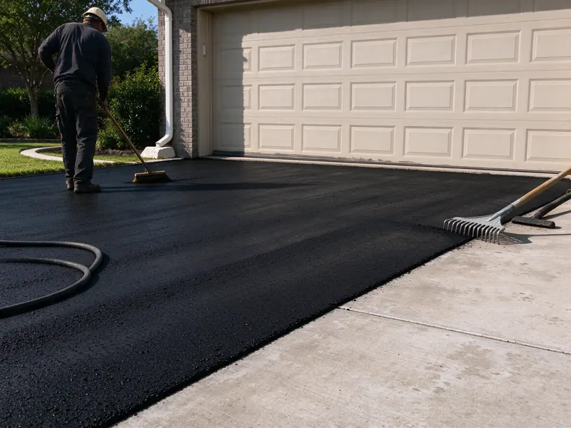 New asphalt overlay meeting a garage slab