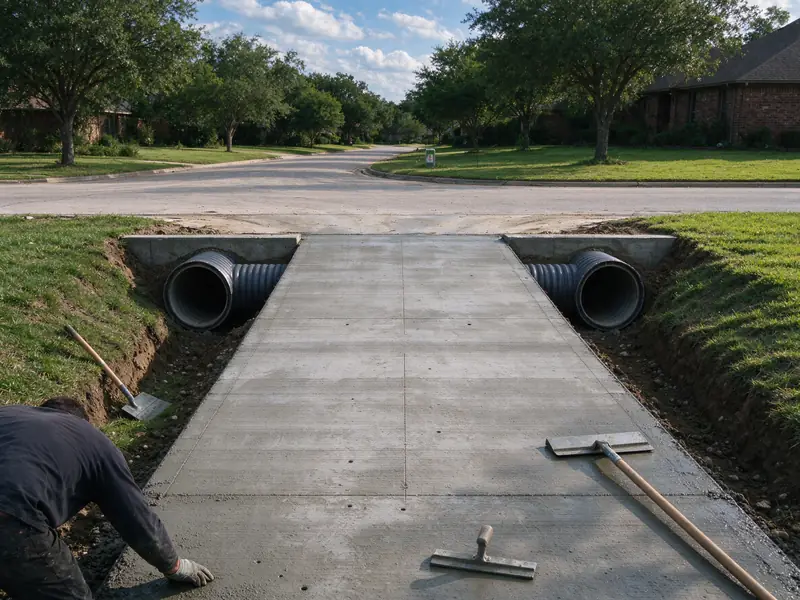 New concrete driveway approach crossing an open roadside ditch on a single corrugated culvert pipe