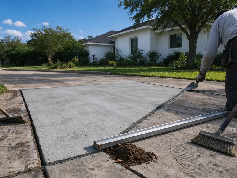 New concrete panel beside older driveway panels