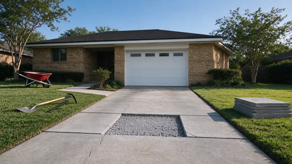 One concrete driveway panel removed between intact panels