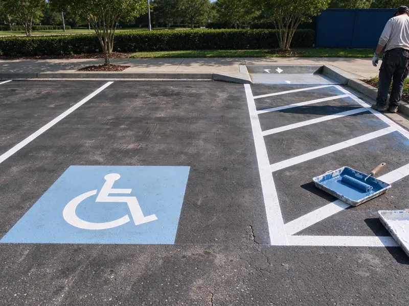 Painted accessible parking space with a blue international symbol of access and a striped access aisle beside it on dark asphalt