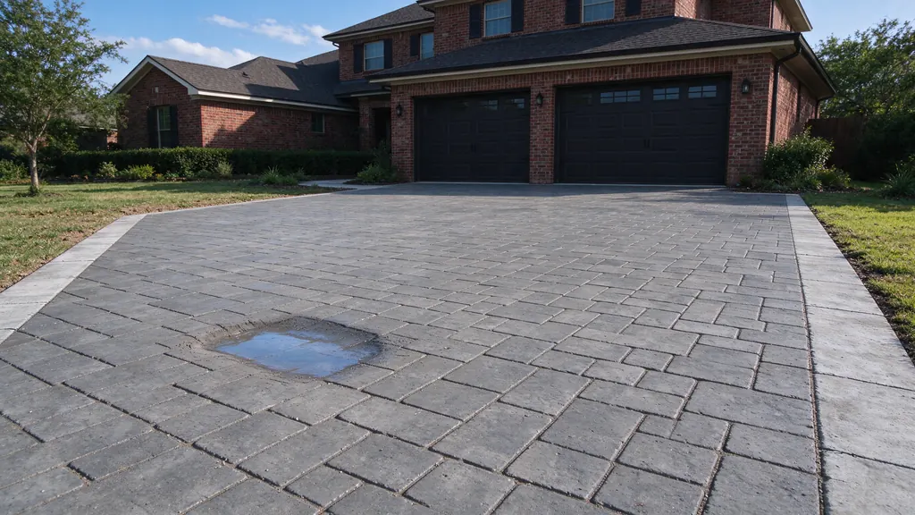 Paver driveway with a shallow dip along one tire path
