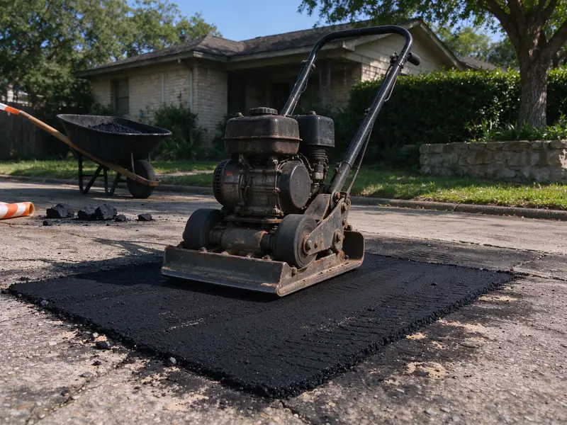 Plate compactor on a fresh asphalt patch