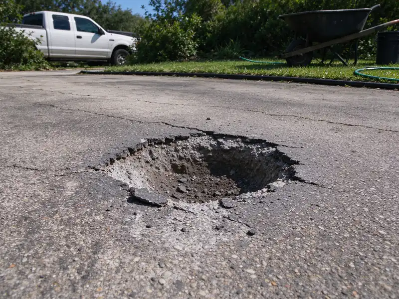 Pothole with crumbled edges in an asphalt driveway