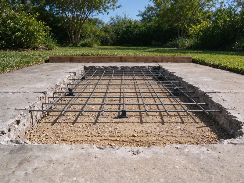 Rebar and dowels set in a driveway panel opening