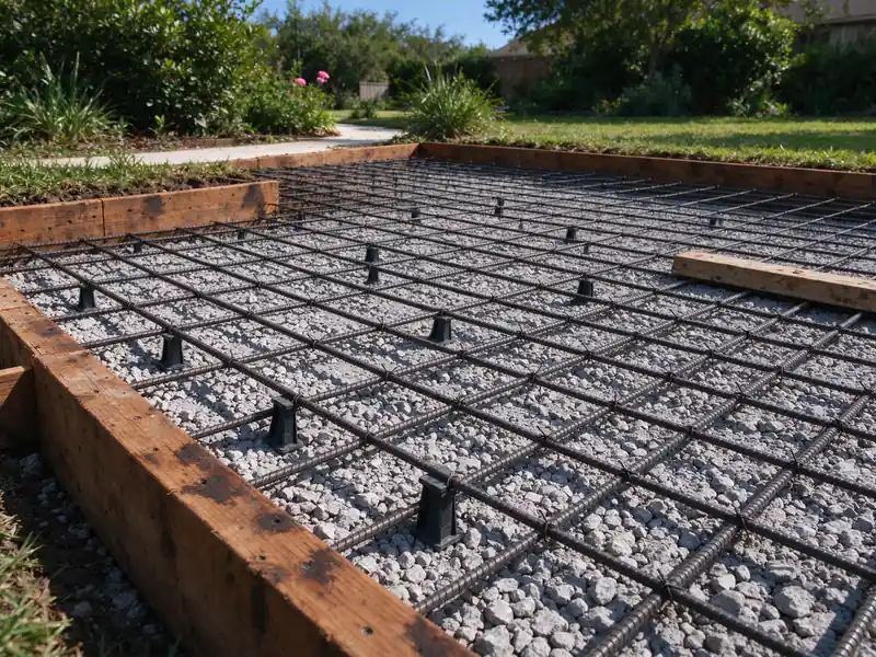 Rebar grid on chairs inside driveway forms
