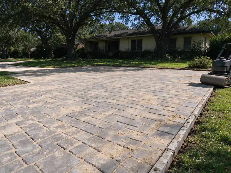 Relaid paver driveway section in herringbone pattern level with the surrounding pavers