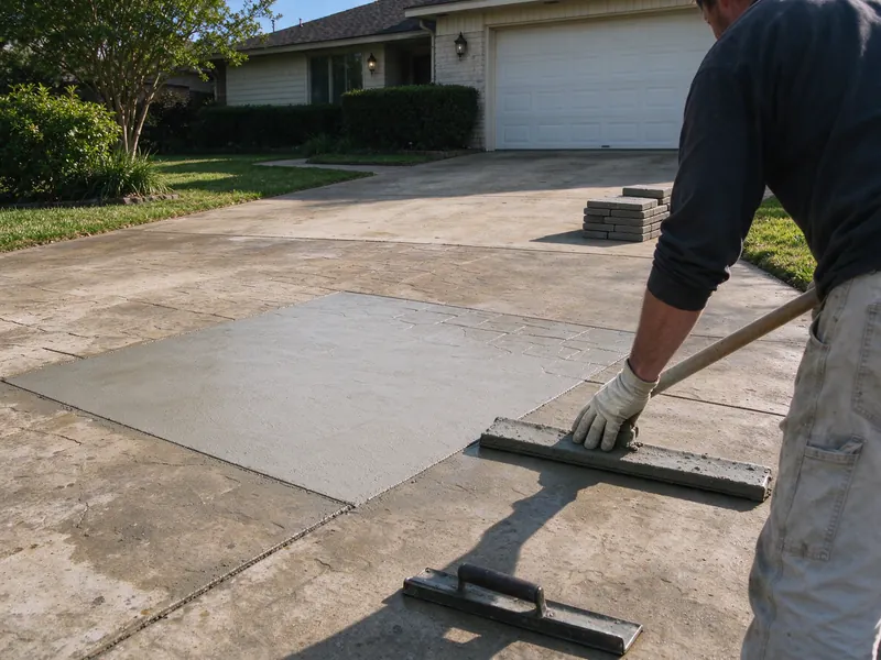 Replaced rectangular section of stamped concrete within an older stamped driveway